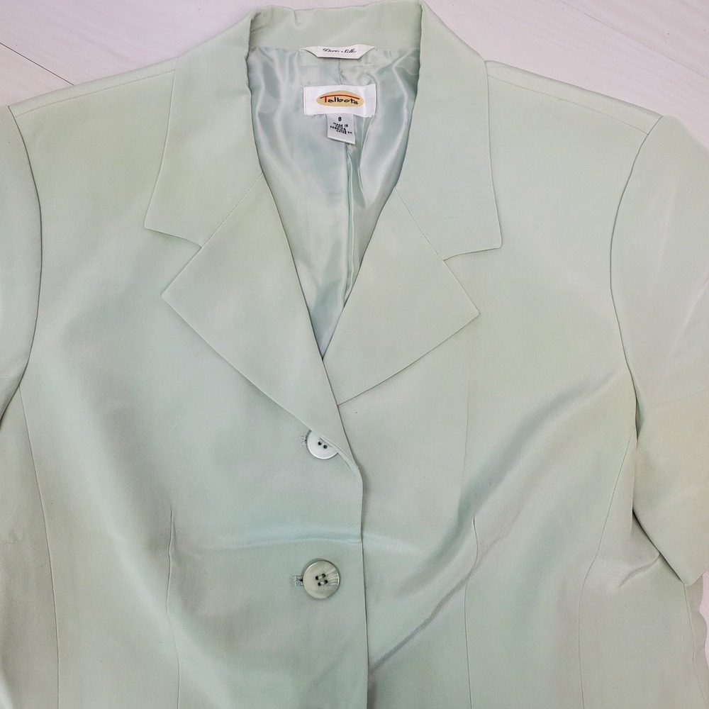 Talbots Womens Pure Silk Short Sleeve Blazer Sage Green Size 8 NWT Quiet Luxury